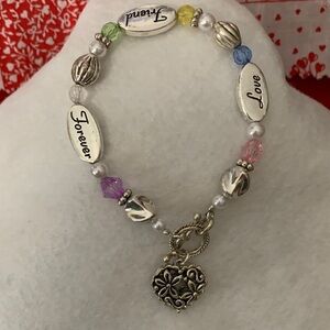 Silver Tone Love  Charm Bracelet with Multicolor Beads Stretch